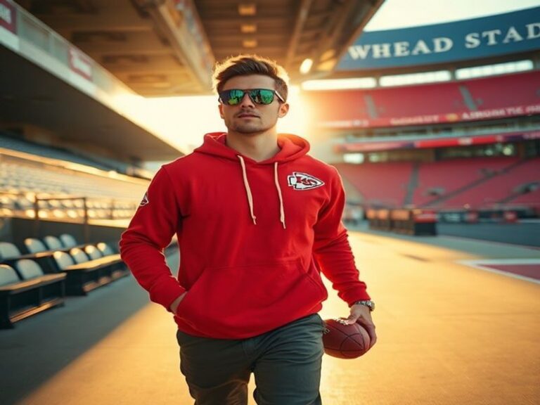 A dynamic action shot of Patrick Mahomes mid-throw during a Chiefs game, with a blurred stadium crowd in the background. The