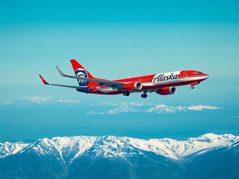 A Boeing 737 MAX aircraft operated by Alaska Airlines taking off from Seattle-Tacoma International Airport on a clear day, wi