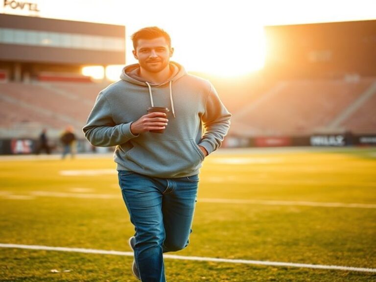 A dynamic photo of Patrick Mahomes in his Chiefs jersey, holding one of his children, with a blurred stadium background. The