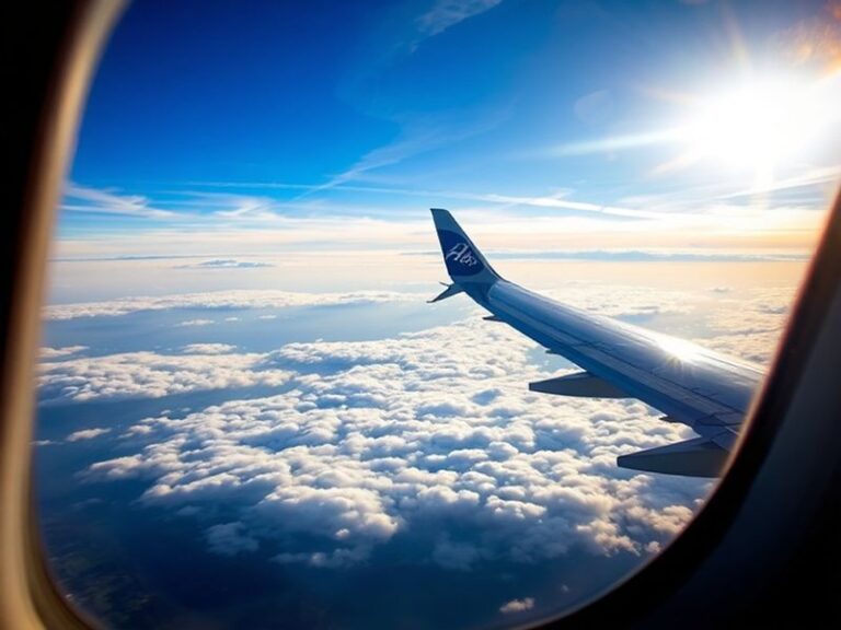 A modern Alaska Airlines aircraft on a rainy tarmac in Seattle, with distant mountains under a stormy sky, conveying both the