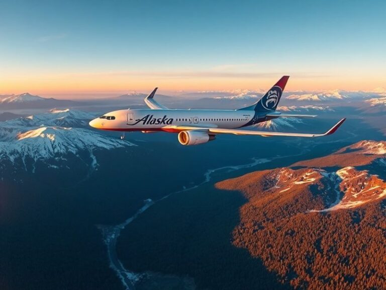 A sleek Alaska Airlines Boeing 737 MAX aircraft parked at an airport gate, with snow-capped mountains visible in the backgrou