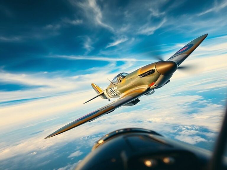A Supermarine Spitfire soaring through a clear blue sky, showcasing its elegant design and historical significance, with clou