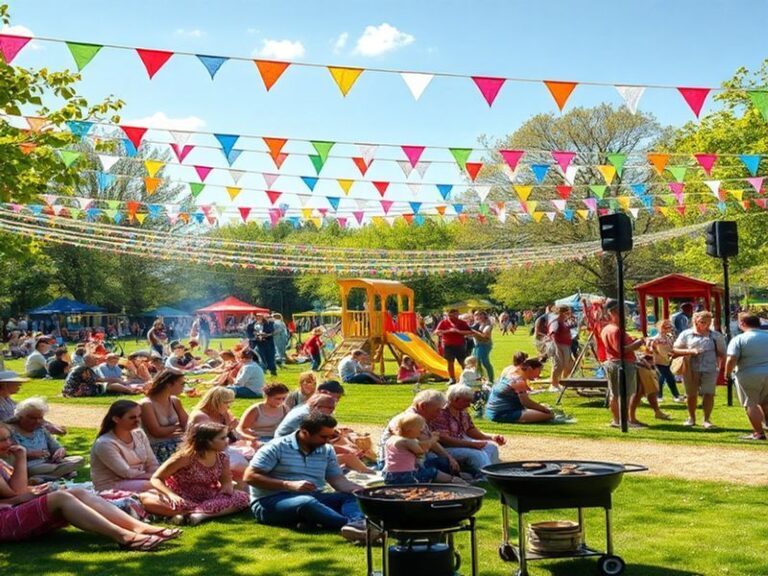 A vibrant community festival scene during a May bank holiday, featuring colorful decorations, families enjoying outdoor activ