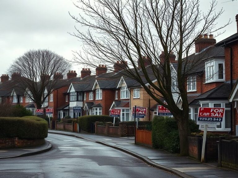 A visual representation of the UK housing market, featuring a 'For Sale' sign in front of a modest home, with a backdrop of a