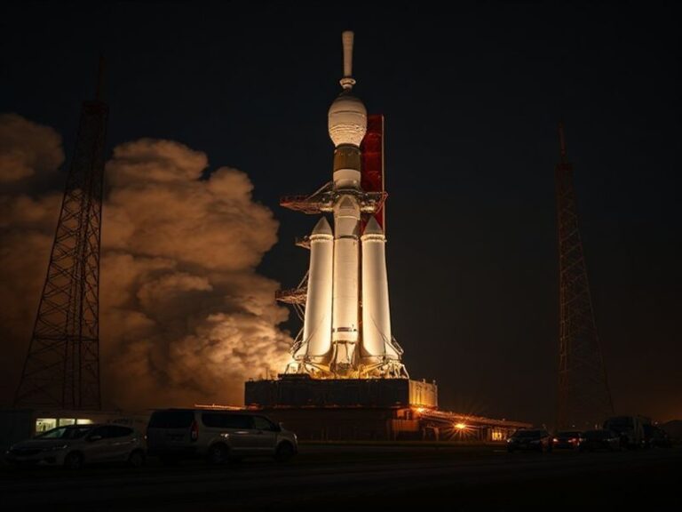 An illustration of the Artemis II mission showcasing the Orion spacecraft flying around the Moon, with Earth in the backgroun