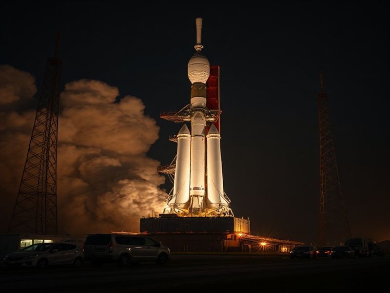 An illustration of the Artemis II mission showcasing the Orion spacecraft flying around the Moon, with Earth in the backgroun