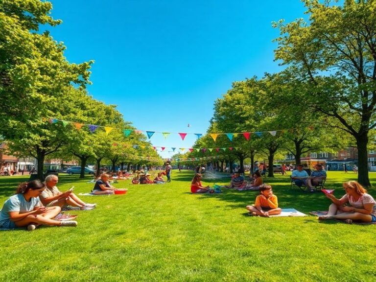 A vibrant parade celebrating May Day, featuring colorful banners, people in traditional costumes, and a festive atmosphere.