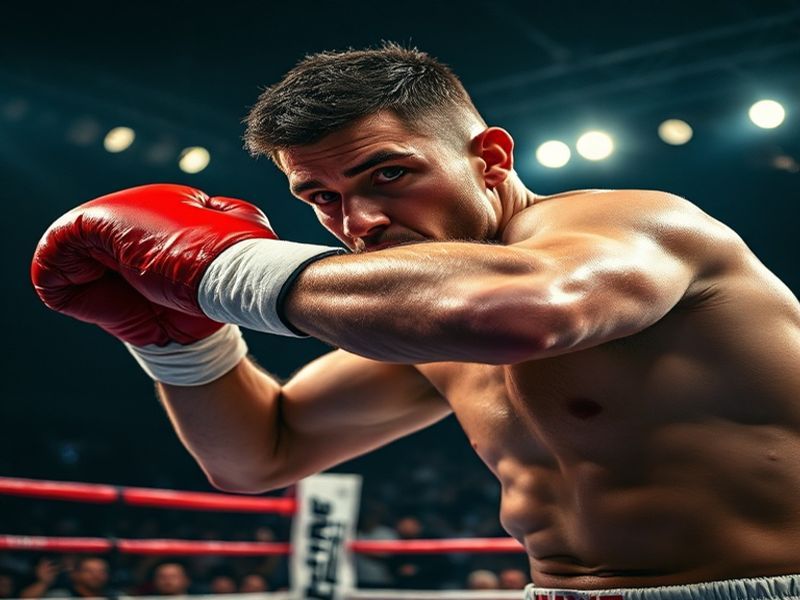 A dynamic action shot of Carl Froch in the boxing ring, showcasing his powerful stance and focused expression during a match.