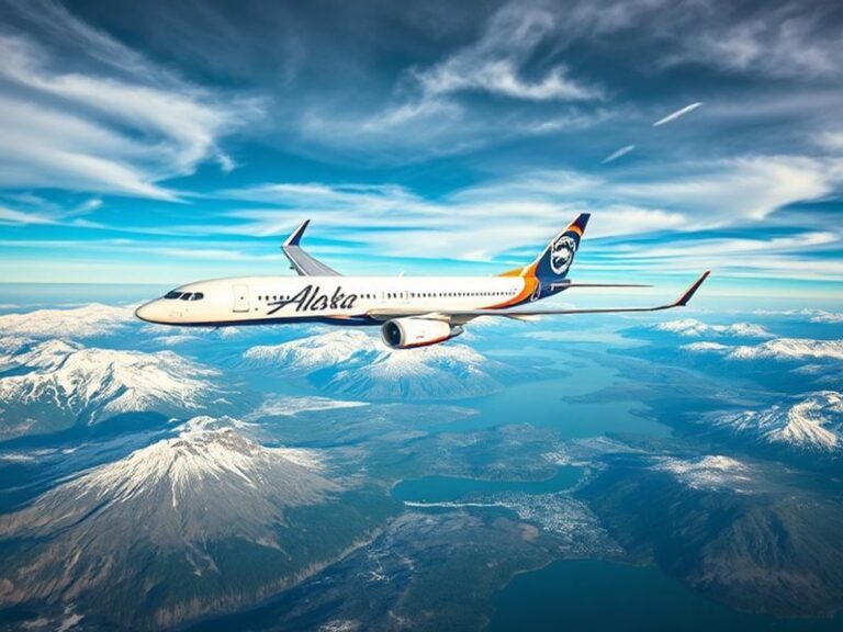 An image of an Alaska Airlines plane taking off against a clear blue sky, showcasing the aircraft's branding and vibrant colo