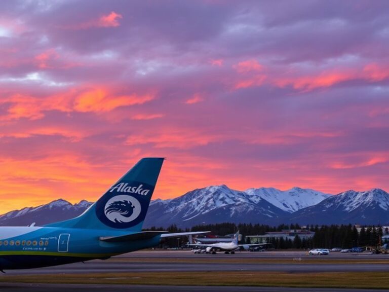 A scenic view of an Alaska Airlines aircraft flying over stunning Alaskan landscapes, showcasing the beauty of travel.