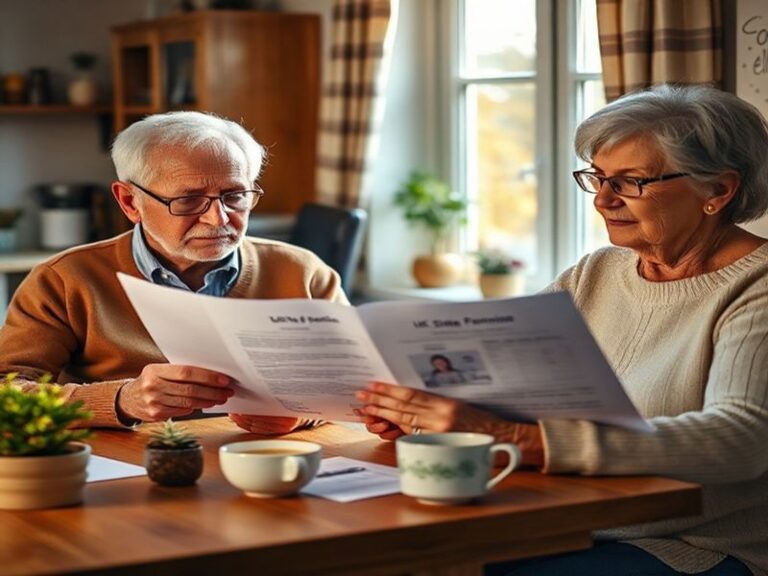 An elderly couple sitting together at a kitchen table, reviewing their finances with a calculator and paperwork, symbolizing