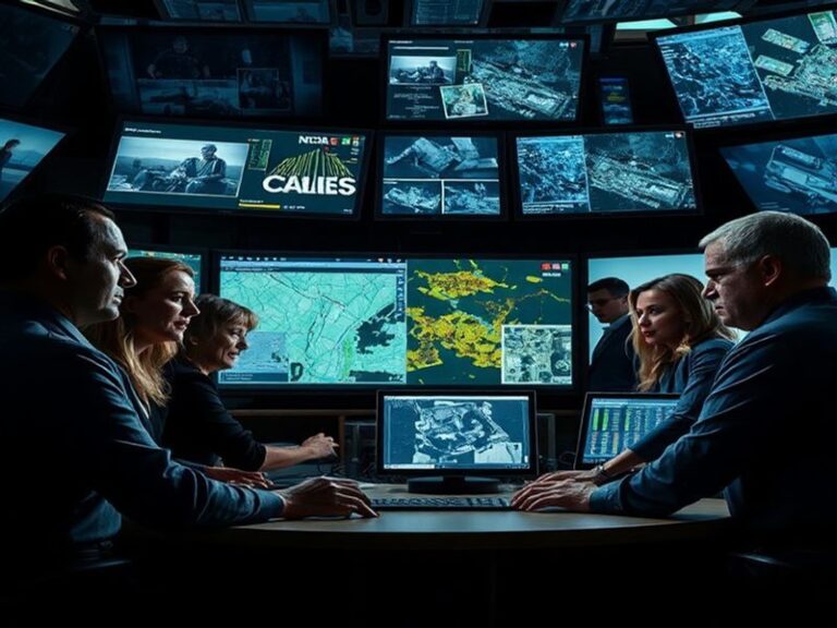A vibrant promotional image of the NCIS cast, showcasing the main characters in action, with a backdrop of a cityscape repres