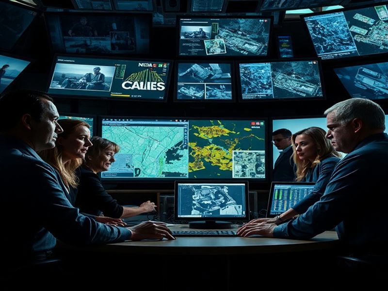 A vibrant promotional image of the NCIS cast, showcasing the main characters in action, with a backdrop of a cityscape repres