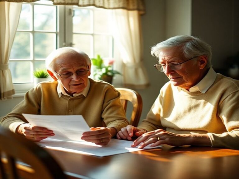 A realistic illustration of a UK pensioner couple reviewing their finances at a kitchen table, with a calculator, pension doc