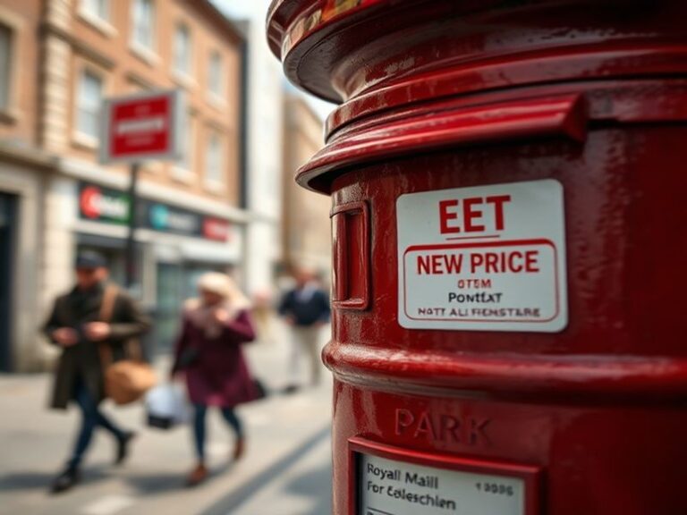 A split-image illustration: on the left, a vintage red postbox in a quiet UK street with autumn leaves; on the right, a moder