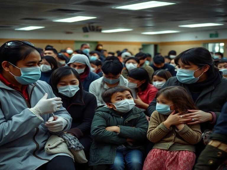 A global map showing measles outbreak hotspots in red, with icons of syringes, social media posts, and diverse families in th