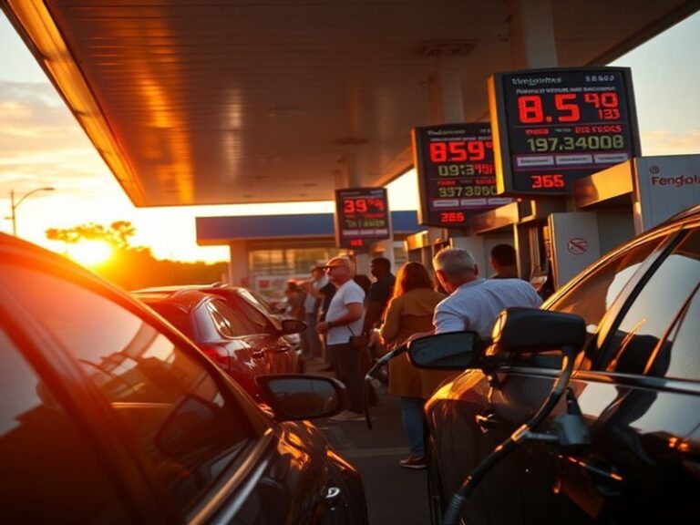 A bustling gas station with visible price signs, showcasing varying gas prices against a backdrop of cars and consumers filli