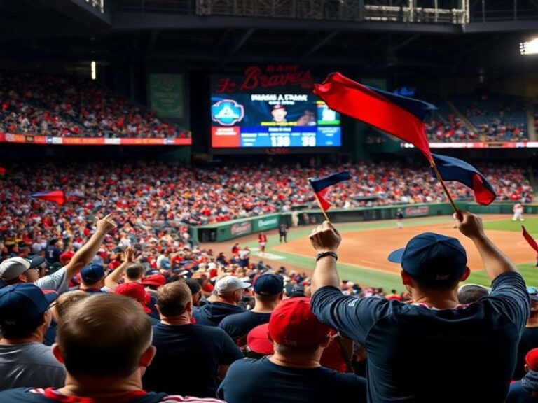 A vibrant photo of Braves players celebrating a home run, showcasing their team spirit and excitement, set against the backdr