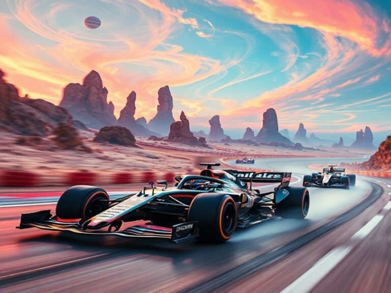 An energetic Formula 1 race scene with vibrant crowds, showcasing the excitement and global appeal of the sport.