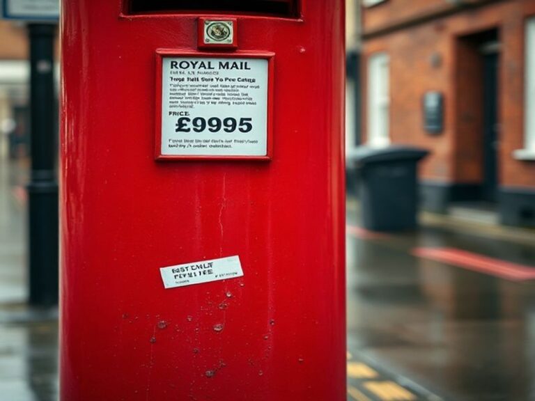 A collage showing a Royal Mail delivery van on a UK street, a person affixing a stamp to an envelope, and a stack of parcels