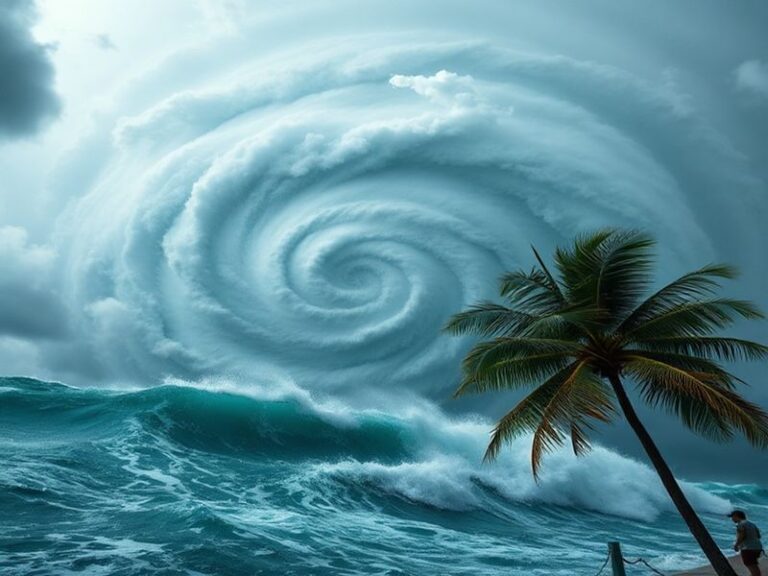 Aerial view of a hurricane churning over the Atlantic Ocean, with swirling clouds and warm ocean waters visible below. In the