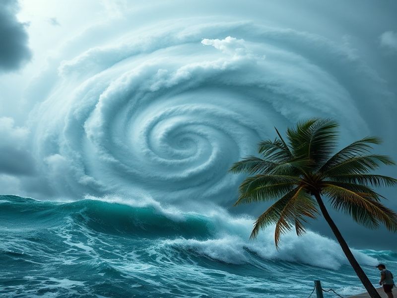 Aerial view of a hurricane churning over the Atlantic Ocean, with swirling clouds and warm ocean waters visible below. In the