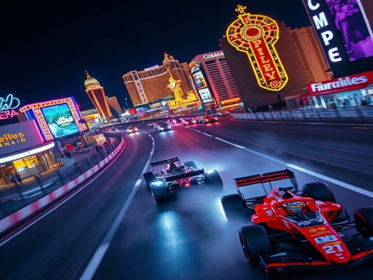 A high-energy Formula 1 scene featuring a sleek race car mid-corner on a vibrant track, with a dynamic background of cheering