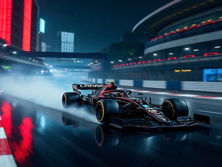 A high-energy Formula 1 scene at a night race, with colorful cars racing under stadium lights, smoke trails from tires, and a