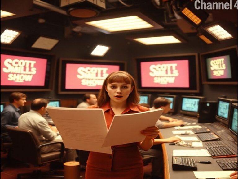 A split-screen image: on the left, a close-up of Scott Mills mid-laugh during a recording; on the right, a blurred-out TV scr
