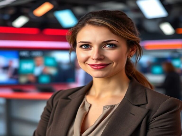 A vibrant portrait of Sophie Cunningham, smiling confidently at a USA Network studio, surrounded by scripts and production no