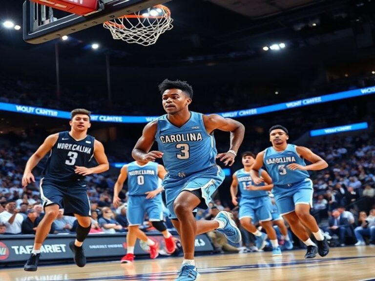 A vibrant scene inside the Dean Smith Center during a Tar Heels game, showcasing the iconic blue and white uniforms, cheering