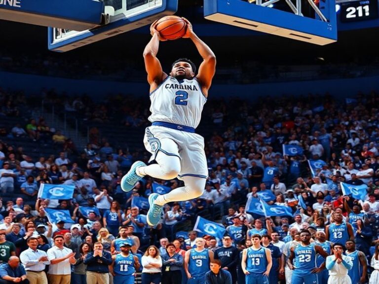 A dynamic action shot of a North Carolina Tar Heels player in the Dean E. Smith Center, surrounded by a roaring crowd, with t