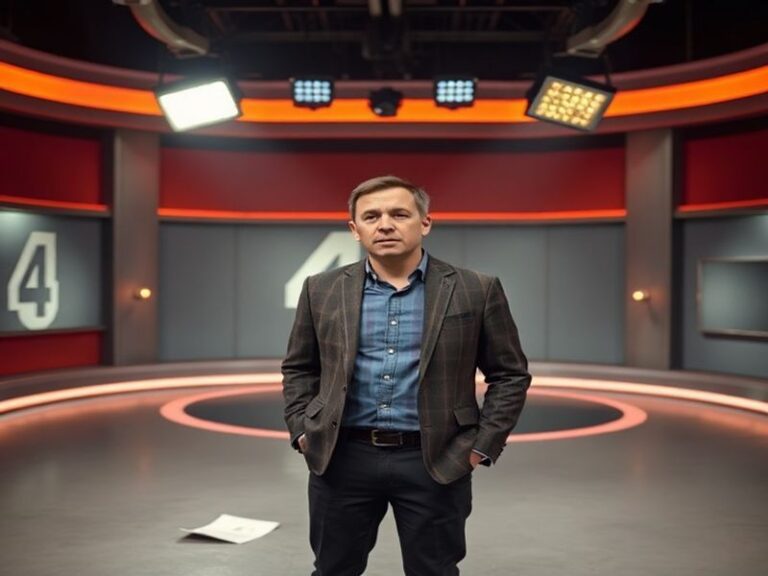 A split-screen image showing Scott Mills in a studio setting on one side and a canceled broadcast notice on the other, with a