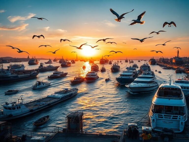 A busy port scene showing various ships, containers, and cranes, illustrating the bustling activity of marine traffic.