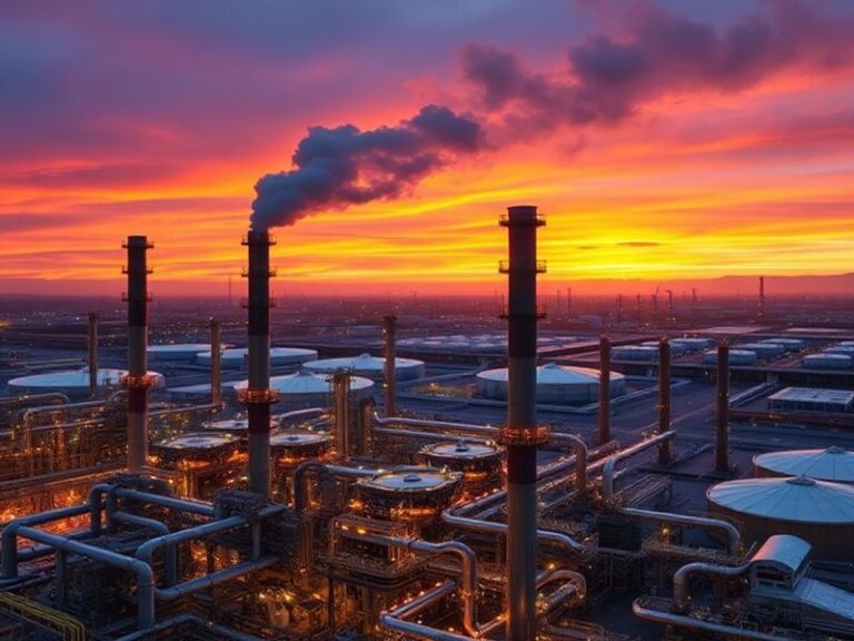An industrial oil refinery at sunset, showcasing towering smokestacks, storage tanks, and a vibrant sky, symbolizing energy p