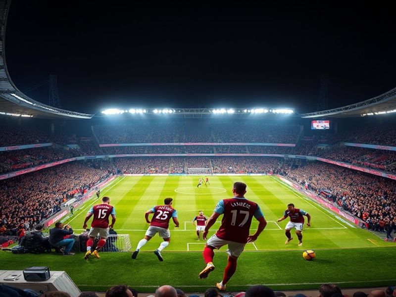 An image depicting a vibrant match day at the London Stadium, featuring passionate fans in claret and blue, showcasing the el