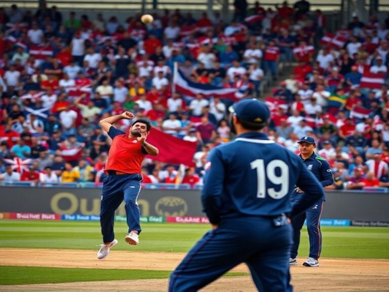 A vibrant cricket match scene featuring players from Oman and Scotland, showcasing their national colors and the excitement o