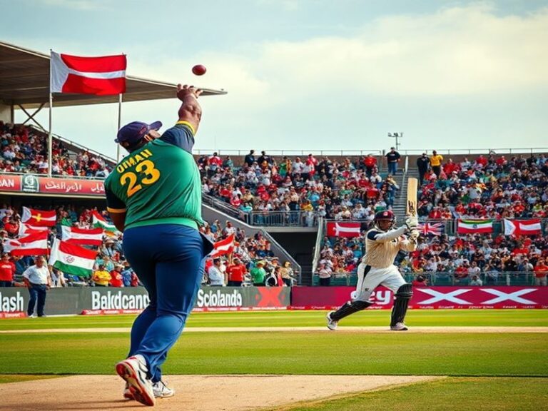 An action shot capturing players from Oman and Scotland in a competitive match, showcasing intense expressions, dynamic movem