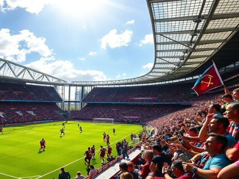 A vibrant matchday scene at the London Stadium, showcasing passionate fans in claret and blue, conveying excitement and camar