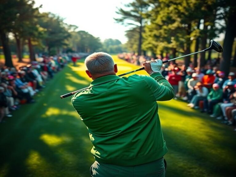 A scenic view of Augusta National Golf Club during The Masters, showcasing lush green fairways, blooming azaleas, and players