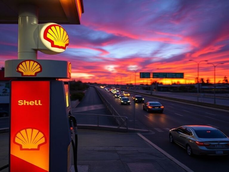 An image showing a Shell gasoline station with vehicles being fueled, highlighting the brand's logo and modern design in a vi