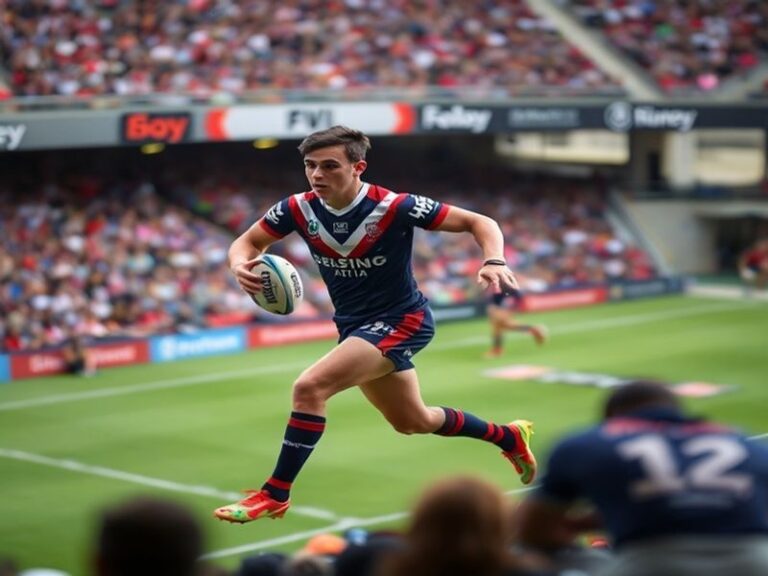 A dynamic action shot of Nathan Cleary in mid-play, wearing the Penrith Panthers jersey, with a blurred stadium background ca