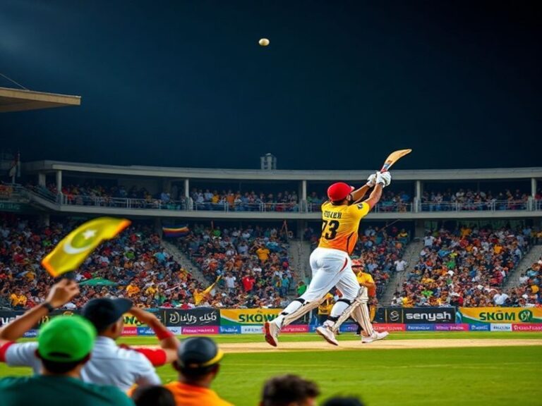 A vibrant cricket stadium filled with enthusiastic fans, showcasing players from both teams in action during a tense moment o