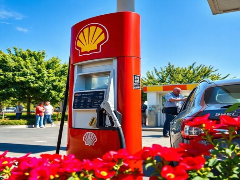 An image of a Shell gas station with a bright blue sky, showcasing a clean and modern fueling station with vehicles refueling