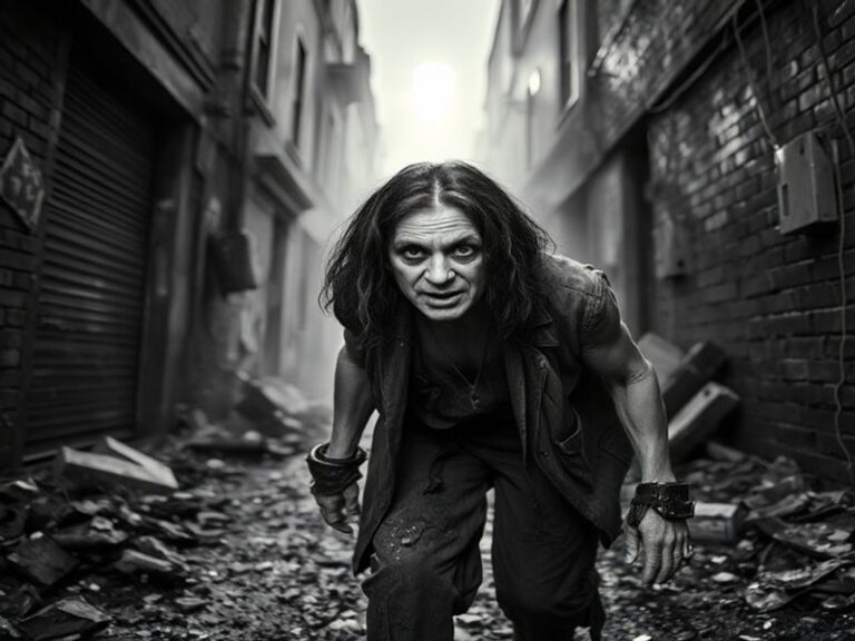 A moody studio portrait of Ozzy Osbourne in his 70s, wearing dark sunglasses and a leather jacket, surrounded by vintage rock