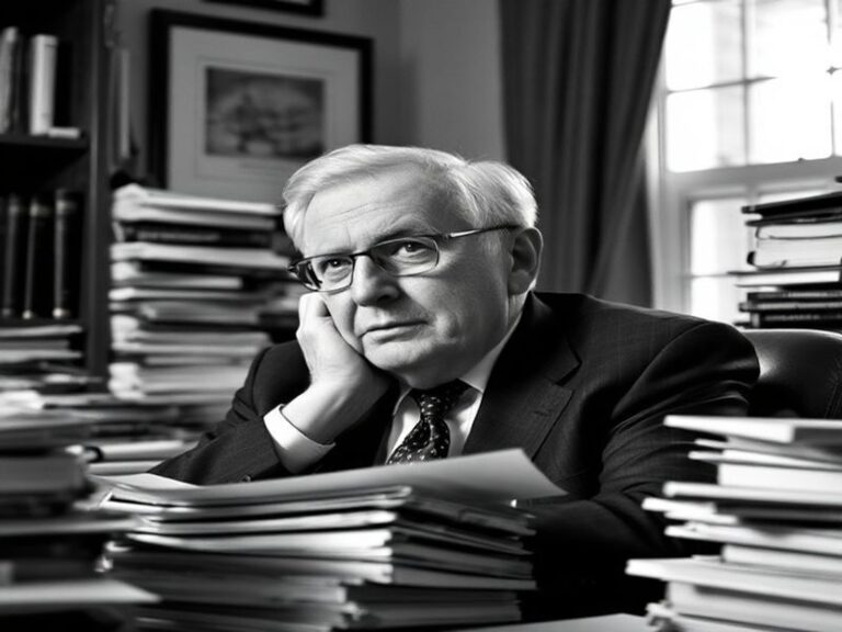 A black-and-white photograph of Bob Woodward in his Washington Post office during the Watergate era, surrounded by papers and