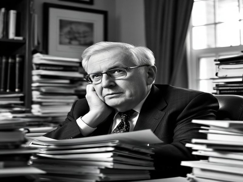 A black-and-white photograph of Bob Woodward in his Washington Post office during the Watergate era, surrounded by papers and