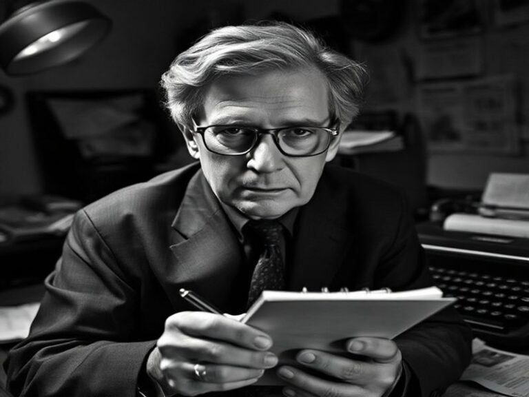 A black-and-white photograph of Bob Woodward in his office at The Washington Post, surrounded by books and papers, mid-conver