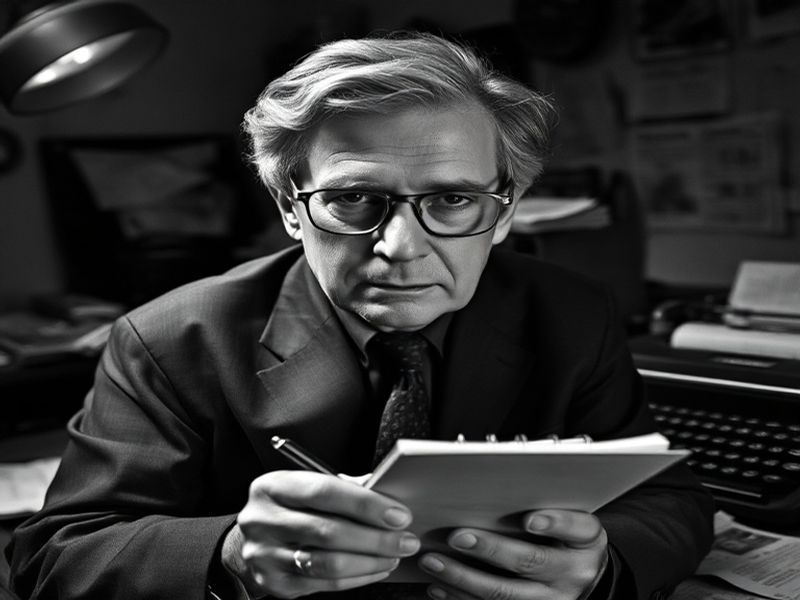 A black-and-white photograph of Bob Woodward in his office at The Washington Post, surrounded by books and papers, mid-conver