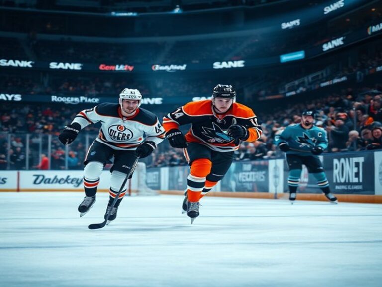 An action-packed NHL game between the Oilers and Sharks at Rogers Place in Edmonton, with bright green and teal jerseys, a so